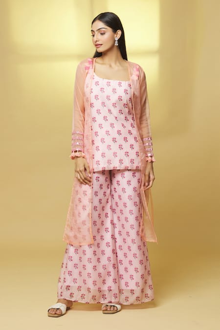 Kalakaari By Sagarika Pink Chanderi, Organza Tassels, Mirrors Scoop Floral Print Kurta And Palazzo Set 