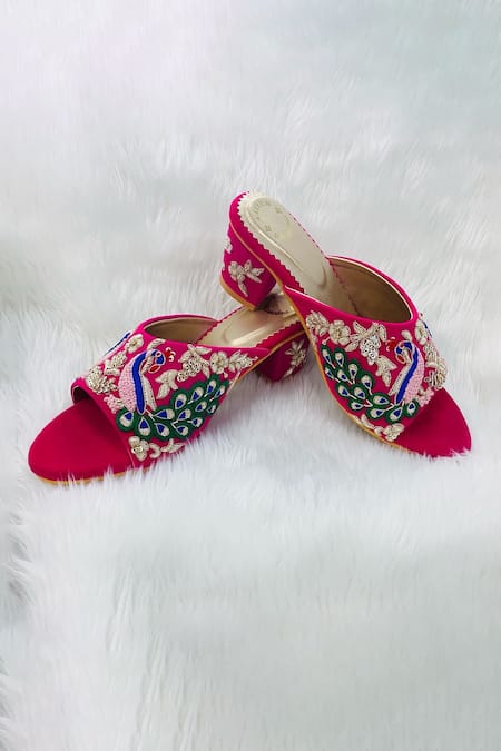 Rajasthani Stuff Pink Embroidered Parsni Velvet Block Heels