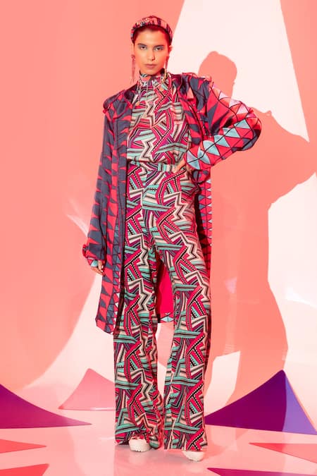 Shop Esha L Amin Multi Color Viscose Embroidery High Neck Zig Zag Geometric Print Top at Aza Fashions Shop_Esha L Amin_Multi Color Viscose Embroidery High Neck Zig Zag Geometric Print Top _at_Aza_Fashions