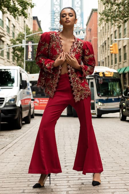 Buy Red Silk Embroidered Floral Front Open Jacket And Flared Pant