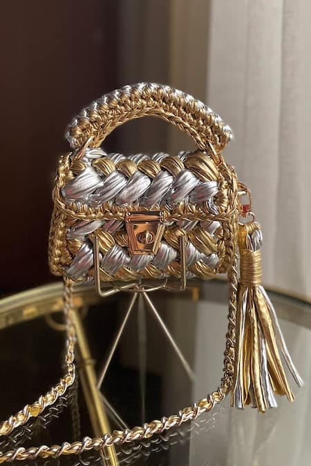 Shop Bijit Silver Tassels Metallic Contrast Detailed Sling Bag at Aza Fashions Shop_Bijit_Silver Tassels Metallic Contrast Detailed Sling Bag _at_Aza_Fashions