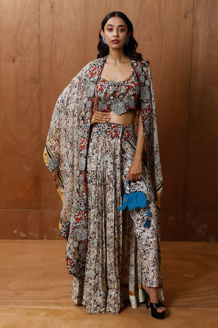 Pds By Sneha Ivory Organza Crepe Cotton Lycra Print And Cape Wrap Skirt Set  