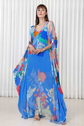 Buy Mandira Wirk Blue Chiffon Embroidery V-neck Hibiscus Print Kaftan at Aza Fashions Buy_Mandira Wirk_Blue Chiffon Embroidery V-neck Hibiscus Print Kaftan _at_Aza_Fashions