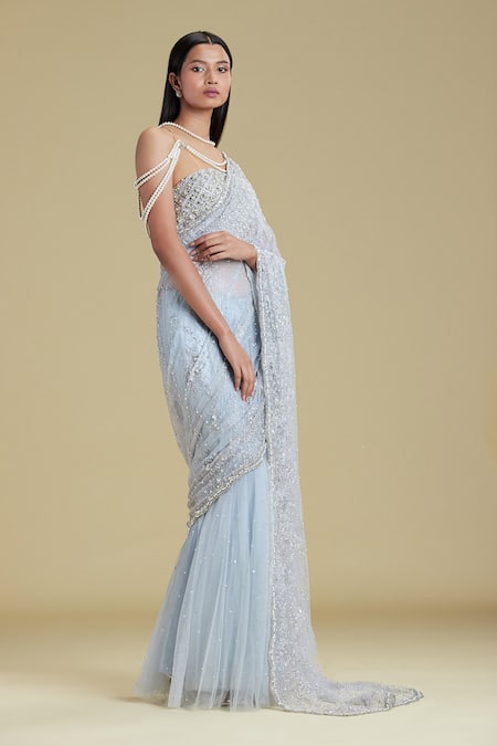 Cherie D Blue Silk, Tulle, Satin Halter Neck Embellished Lehenga Saree Online at Aza Fashions Cherie D_Blue Silk, Tulle, Satin Halter Neck Embellished Lehenga Saree _Online_at_Aza_Fashions
