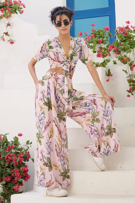 Reynu Taandon Pink Crepe Digital Prints Floral Plunge V Neck Crop Top And Flared Pant Co-ord Set