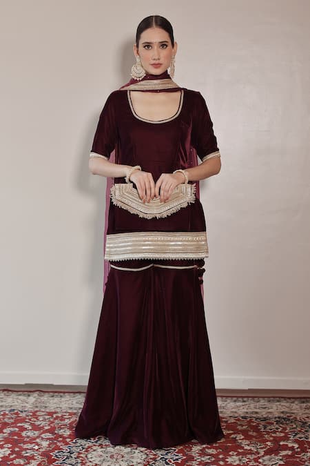 Shrutkirti Maroon Silk Velvet Embellished Zoya Straight Hem Kurta Sharara Set  