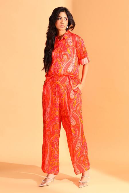 Moh India_Coral Cupro And Copper Silk Paisley Spread Collar Tunic & Pant Set_Online_at_Aza_Fashions
