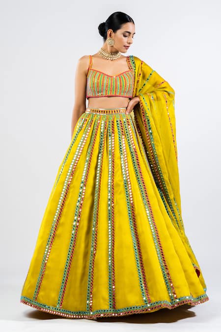Vvani By Vani Vats Green Satin, Georgette, Organza Mirrors Embroidered Stripe Pattern Lehenga Set 