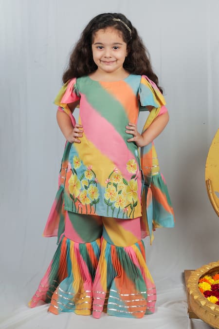 Vivedkids Multi Color Chiffon Embroidery, Gota Patti Leheriya Pattern Kurta Sharara Set