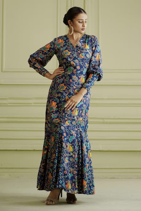 AFFROZ Blue Russian Silk Printed Paisley Jaal V Neck Flared Dress 