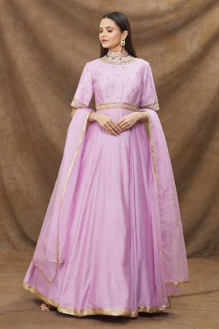 Buy Purple Silk Chanderi Embroidery Dabka Jewelled Gown With Dupatta For  Women by Kanj by Priyanka A Sakhuja Online at Aza Fashions.