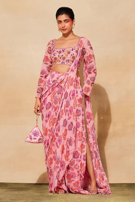 DiyaRajvvir Pink Georgette, Tulle Beads, Cut Chintz Floral Print Pant Saree With Blouse 