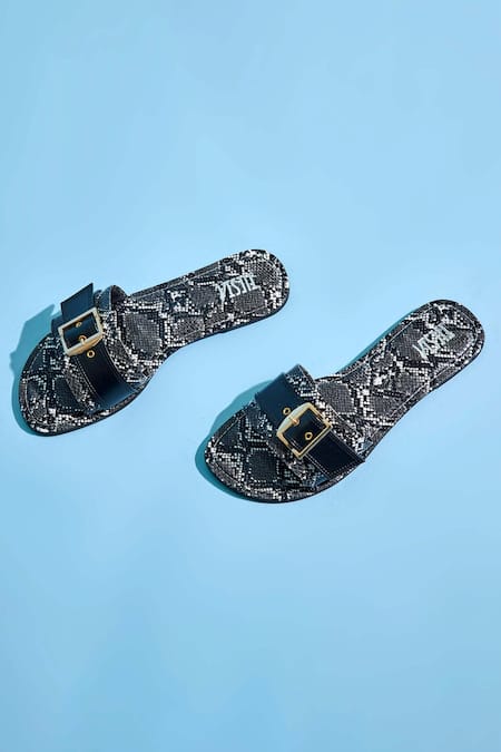 Tiesta Black Animal Print Buckle Flats
