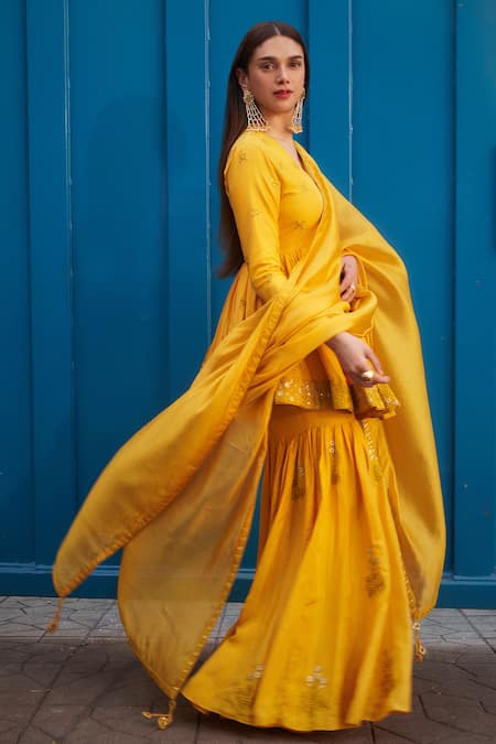 Punit Balana Yellow Silk, Organza Embroidery, Tassels V-neck Resham Kedia Gharara Set Online at Aza Fashions Punit Balana_Yellow Silk, Organza Embroidery, Tassels V-neck Resham Kedia Gharara Set _Online_at_Aza_Fashions