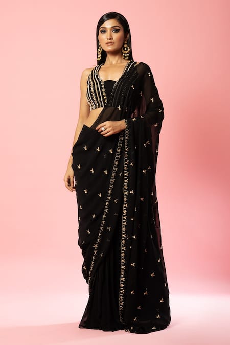 Black Embellished Pre Stitched Ruffled Saree in Chiffon Georgette with  Cutdana and Sequins Work Blouse