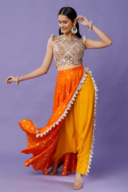 Peach embroidered choli with sharara pants available only at Pernias Pop  Up Shop 2023
