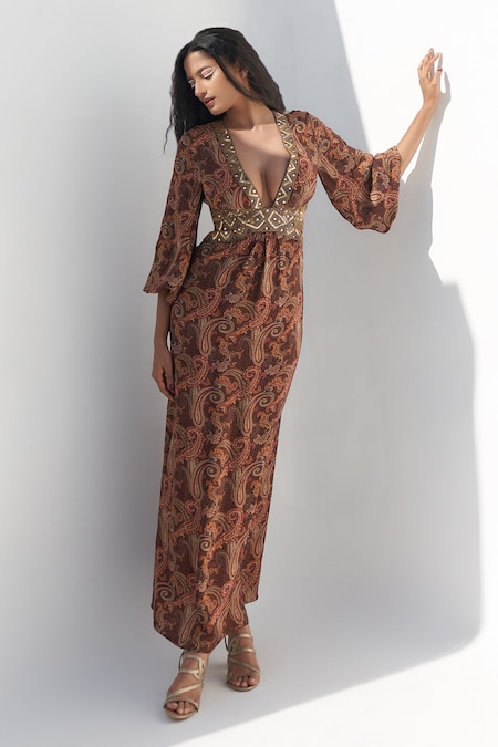 Nadima Saqib Brown Crepe Print Paisley Plunge V Neck Maxi Dress 