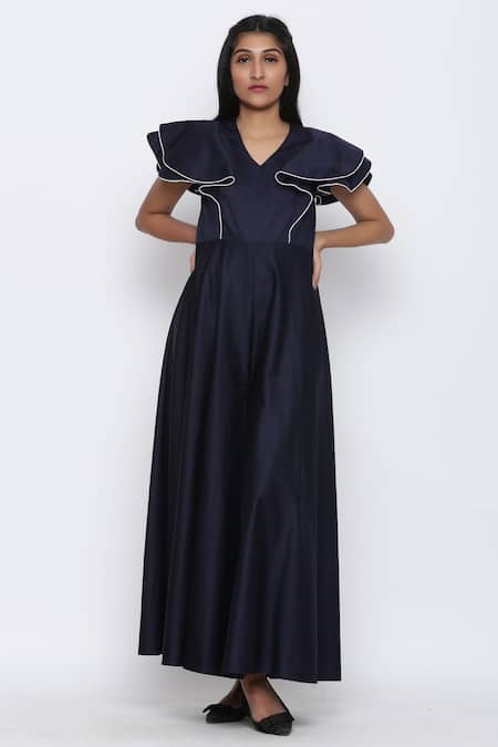 Escape By Aishwarya Blue Cotton Satin V-neck Jumpsuit