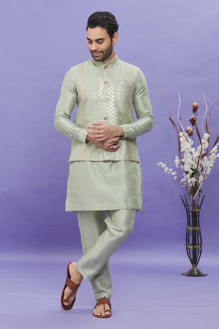 Aryavir Malhotra Kurta Set With Geometric Print Bundi 