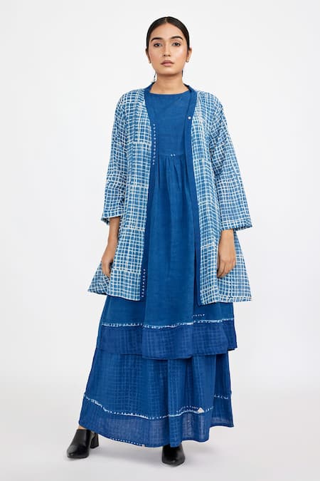 Jayati Goenka Blue Natural Dyed Hand Block Print Checkered Set With Robe Jacket 