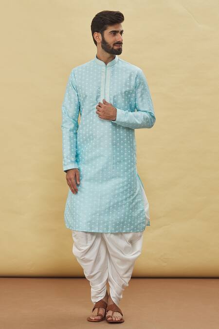 Buy Sky Blue Silk Floral Pattern Kurta And Dhoti Pant Set For Men