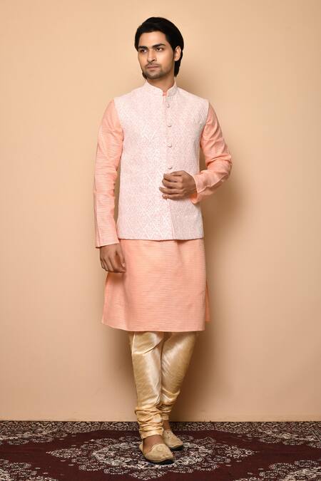 Blazing Peach Color Satin Fabric Traditional Wear Kurta Pyjama With Jacket