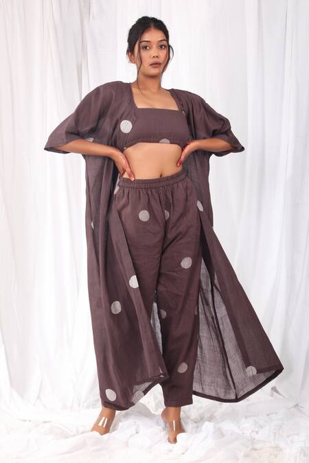 Khat Brown Handloom Cotton Square Neck Polka Pattern Long Jacket And Pant Set Online at Aza Fashions Khat_Brown Handloom Cotton Square Neck Polka Pattern Long Jacket And Pant Set _Online_at_Aza_Fashions
