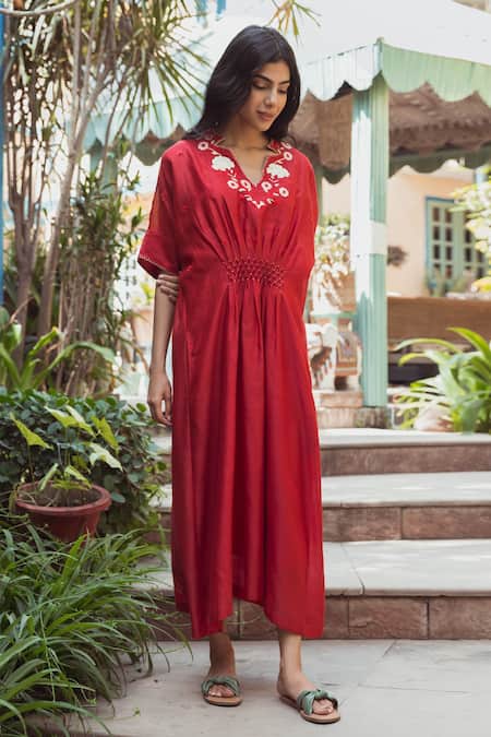 Raiman Red Chanderi Embroidery V-neck Kaftan Dress 