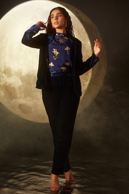 Dohr India Blue Organza, Silk, Velvet Foil Printing Collared Floral Suit Set 