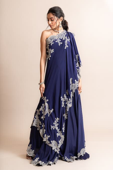 Nupur Kanoi Blue Crepe Hand Embroidery Mirror Work One Shoulder Cape With Sharara 