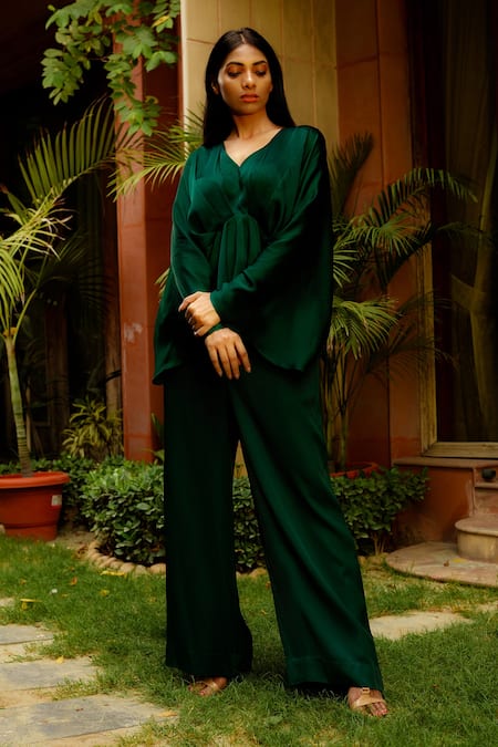 OMANA BY RANJANA BOTHRA Cowl Sleeve Satin Top & Trouser Set 