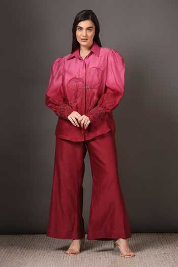Buy Sakshi Khetterpal Pink Chanderi Silk Embroidery, Ombre Floral Shirt And Bell Bottom Pant Set at Aza Fashions Buy_Sakshi Khetterpal_Pink Chanderi Silk Embroidery, Ombre Floral Shirt And Bell Bottom Pant Set _at_Aza_Fashions