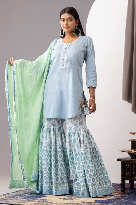 Abbaran Blue Cotton Embroidery Round Neck Hand Block Print Kurta Gharara Set