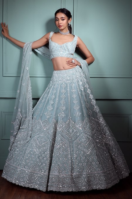 Pallavi Poddar Blue Organza Embroidery Mirror Leaf Neck Alpha Geometric Bridal Lehenga Set 