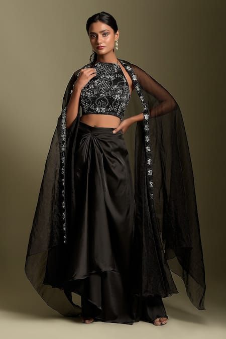 Two Sisters By Gyans Black Organza, Skirt Satin Sequin, Cut Dana, Pearls And Embellished Draped Set 