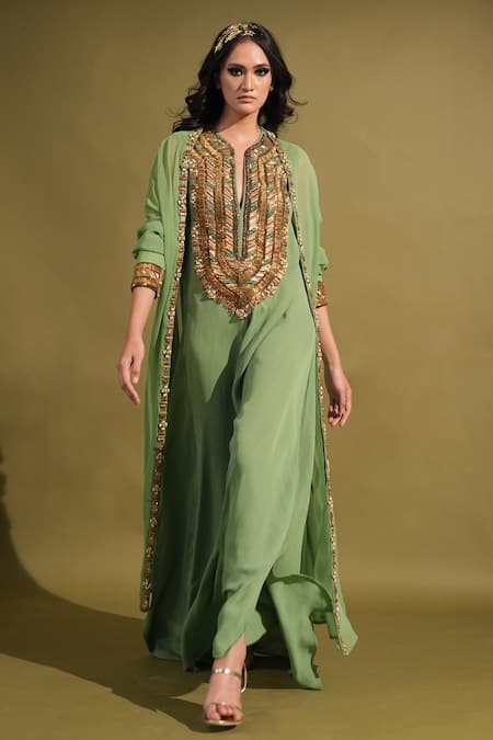 Nikita Mhaisalkar Green Dress Double Georgette Embellished Embroidered Yoke And Set 