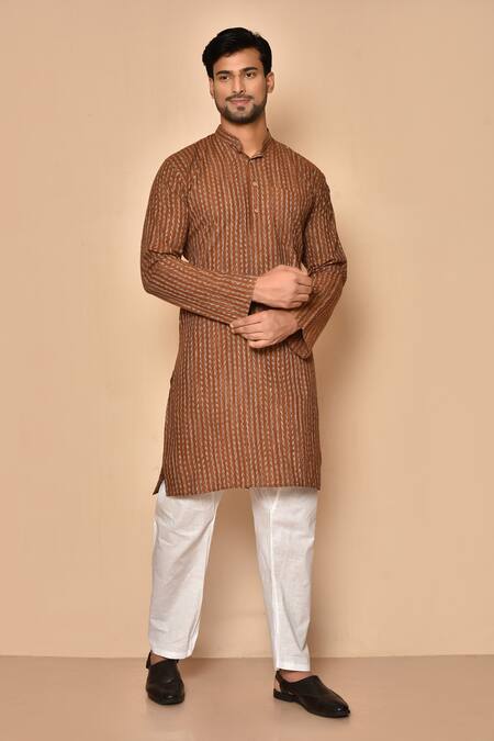 Aryavir Malhotra Brown South Cotton Woven Stipes Striped Handloom Kurta