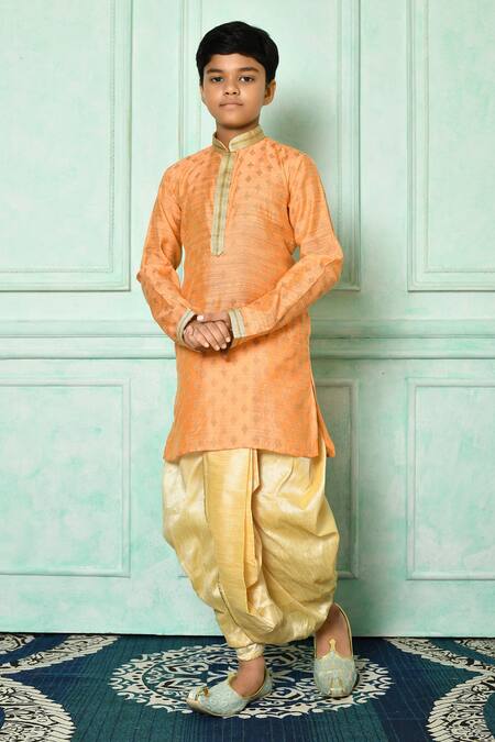 Buy Orange Dupion Art Silk Embroidered Straight Kurta And Dhoti Pant Set  For Boys by Arihant Rai Sinha Online at Aza Fashions.