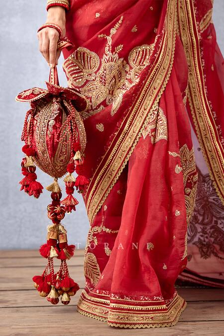 Torani_Red Embroidery, Tassels Sindoori Iqra Silk Velvet Potli _Online_at_Aza_Fashions