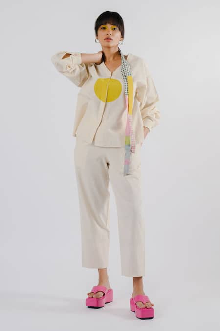 Tussah By Siddhi Shah Off White , Handloom Patchwork V-neck Shirt And Pant Set 