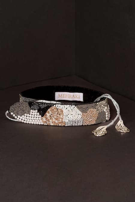 Shop Mehraki Black Cut Work, Pearls And Cutdana Embellished Wabi Belt at Aza Fashions Shop_Mehraki_Black Cut Work, Pearls And Cutdana Embellished Wabi Belt_at_Aza_Fashions