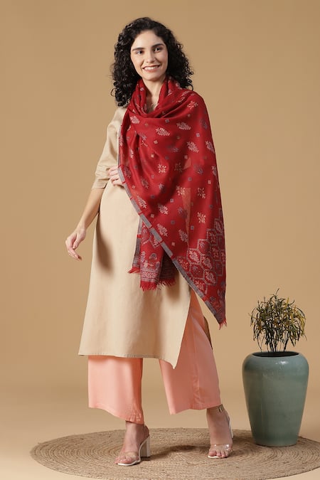 Shingora Red Woven Jacquard Floral And Paisley Pattern Stole