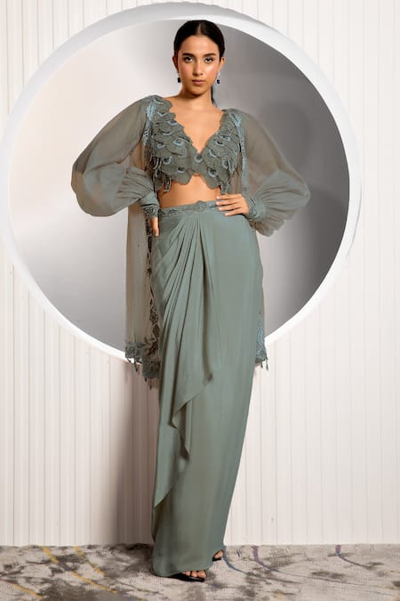 Jade By Ashima Embroidered Cuff Shrug Draped Skirt Set 