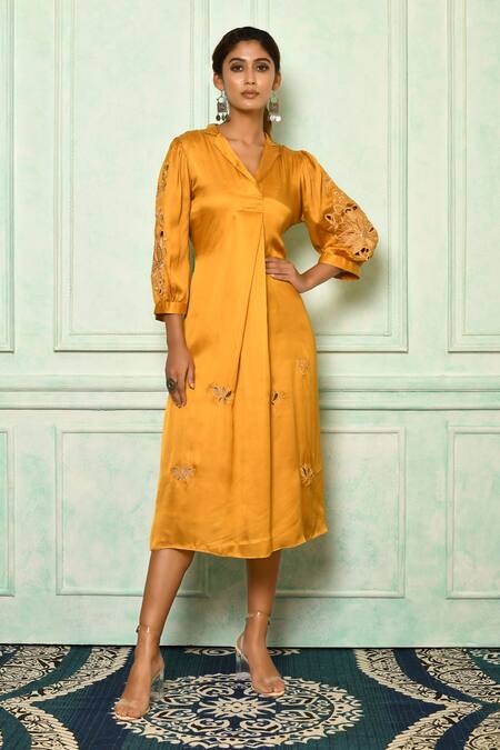 Buy Aryavir Malhotra Yellow Modal Satin Cutwork Sequins Lapel Collar Lotus Long Tunic at Aza Fashions Buy_Aryavir Malhotra_Yellow Modal Satin Cutwork Sequins Lapel Collar Lotus Long Tunic_at_Aza_Fashions