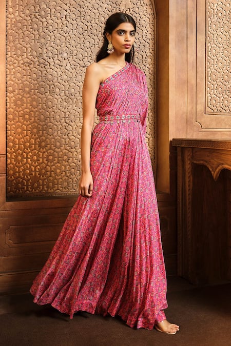 Buy Pink Crepe Printed Enchanted Asymmetric One Shoulder Jumpsuit For Women  by PS Pret by Payal Singhal Online at Aza Fashions.