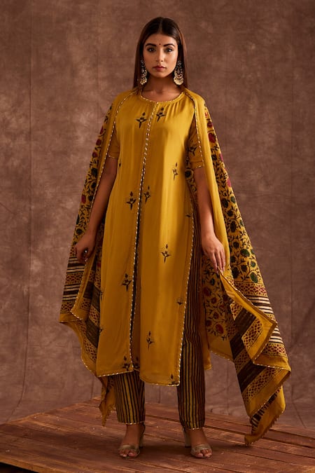 The Home Affair Yellow Chiffon Gota Patti, Embroidery Round Neck Handblock Print Slit Kurta Set 