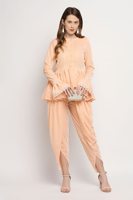 Monk & Mei By Sonia Anand Peach Velvet Lace Round Neck Flared Jacket And Dhoti Pant Set 