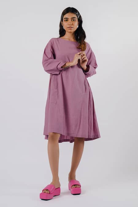 Tussah by Siddhi Shah - Purple Pure Cotton Floral Round Midi Dress For Women