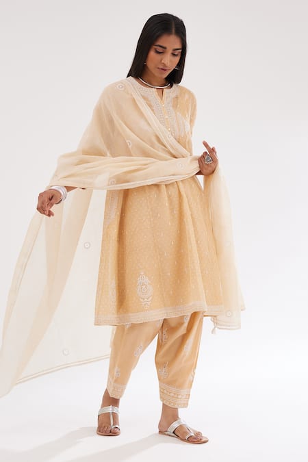Kora Peach Cotton, Chanderi Sequins, Diamonds, Embroidery Printed Kalidar Kurta Set