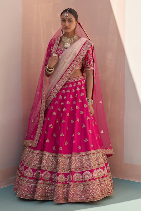 Angad Singh Pink Silk Sequins, Zari Asymmetric And Zardozi Embroidered Bridal Lehenga Set 